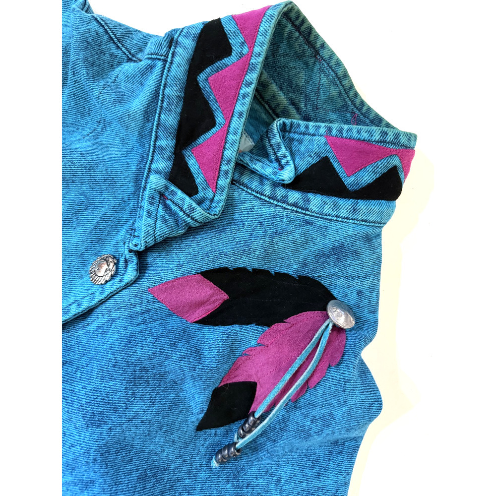 Vintage 90s Aztec‎ Jacket Womens LG Denim Western Fringed Dreamcatcher Poncho - Picture 4 of 7